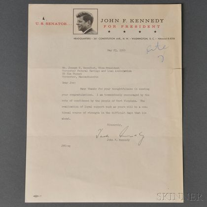 Kennedy, John Fitzgerald (1917-1963) Typed Letter Secretarial Signature, 23 May 1960