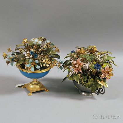 Two Decorative Gilt-metal and Enamel Models of Flower Arrangements
