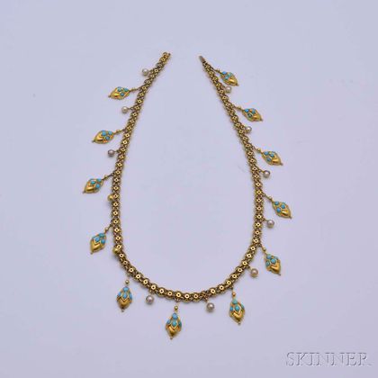 Victorian 14kt Gold, Turquoise, and Pearl Necklace