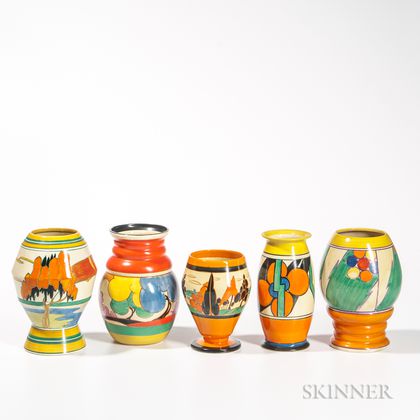 Five Clarice Cliff Pottery Vases