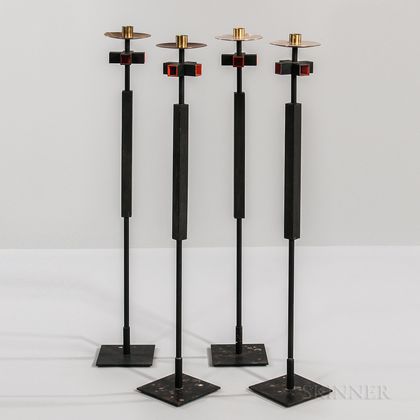 Four Tall Mid-century Modern Metal and Ebonized Wood Candleholders