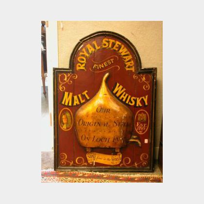 Painted and Giltwood Royal Stewart Malt Whisky, Our Original Still on Loch Fyne Tavern Sign. 