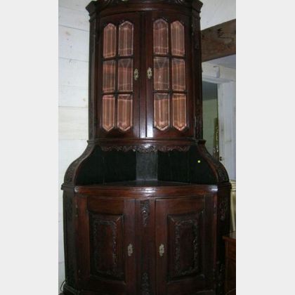 French Rococo Revival Glazed Carved Oak Two-part Serpentine Corner Server