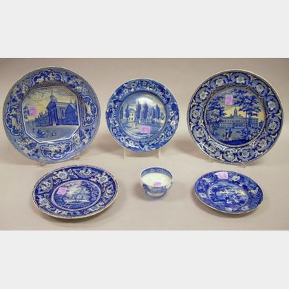 Six Assorted English Blue and White Transfer Decorated Staffordshire Tableware Items