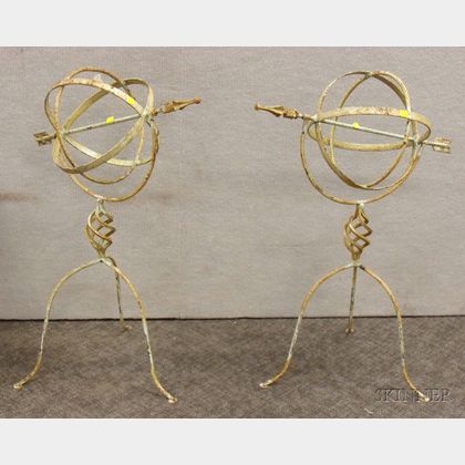 Pair of Painted Iron Armillary Garden Ornaments