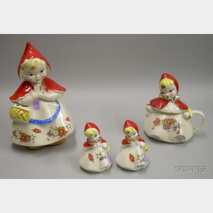 Hull Pottery Little Red Riding Hood Cookie Jar, Salt and Pepper Shakers, and a Teapot. 