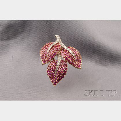 18kt Gold, Ruby and Diamond Leaf Brooch