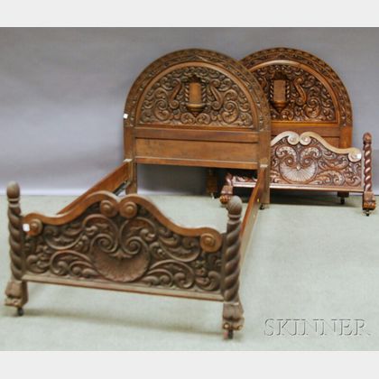 Pair of Assembled Baroque-style Carved Wood Twin Beds and a Frame