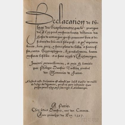 Danfrie, Philippe (1532-1606) Declaration de L'Usage du Graphometre