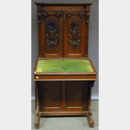 Victorian Renaissance Revival Carved Walnut Davenport-style Writing Desk/Bookcase