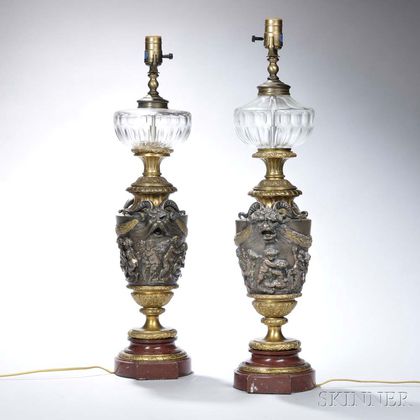 Pair of Baroque-style Bronze and Glass Lamps