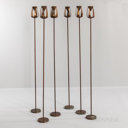 Six Mid-century Modern Bronze Candleholders