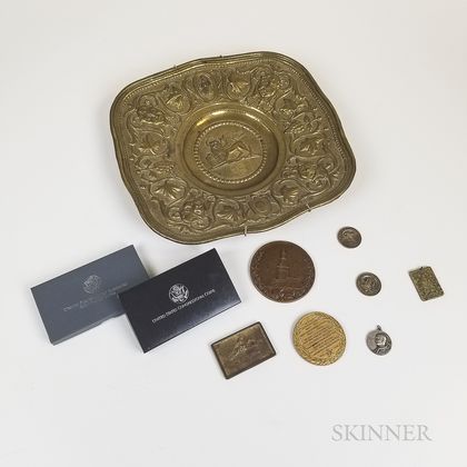 Small Group of Coins and Medals and a Repousse Brass Tray
