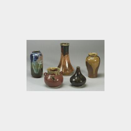 Five Japanese Studio Glazed Ceramic Vases. 