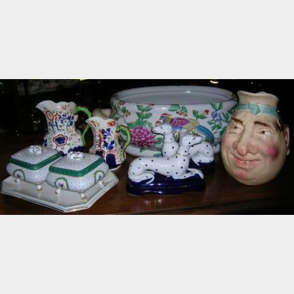 Sarreguemines Character Jug, a Pair of Porcelain Covered Footed Boxes, a Small Tray, a Pair of Porcelain Dalmatian Figures, Two G... 