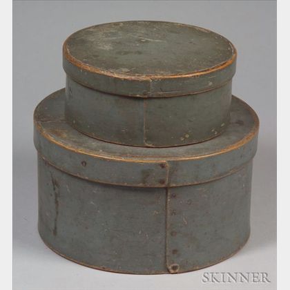 Two Blue-gray Painted Round Wooden Covered Storage Boxes