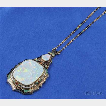 14kt Gold, Opal and Enamel Pendant Necklace