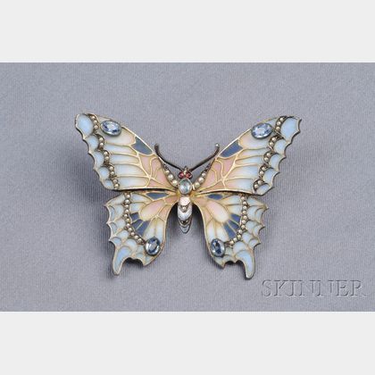Art Nouveau Sterling Silver, Plique-a-Jour Enamel, and Gem-set Butterfly Pendant/B
