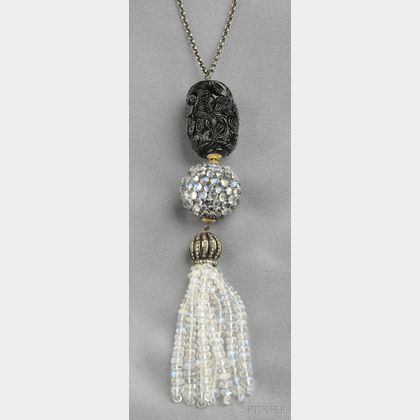 Moonstone, Glass, and Diamond Tassel Necklace