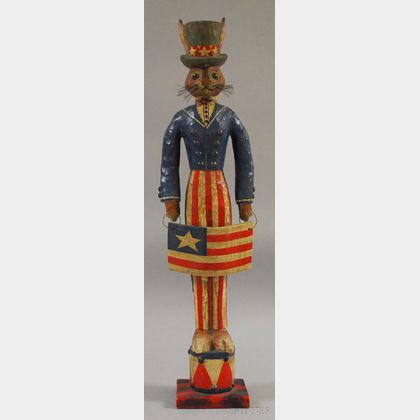 P. Schifferl Folk Art Carved and Painted Wood "Uncle Sam" Rabbit Figure