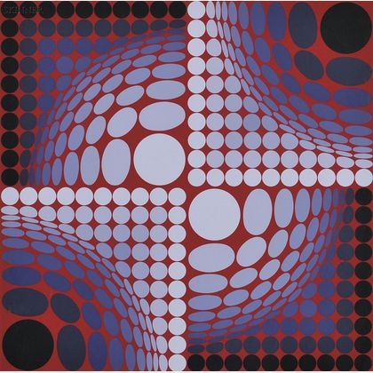 Victor Vasarely (French/Hungarian, 1908-1997) Untitled (Spheres in Blue-gray and Maroon)