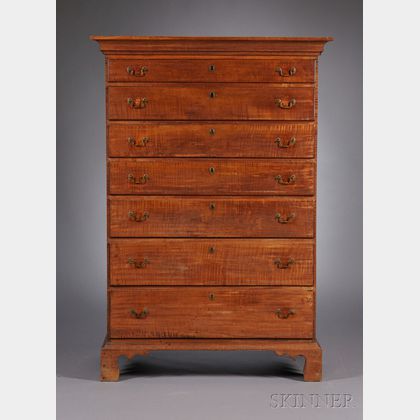 Tiger Maple and Cherry Tall Chest of Seven Drawers
