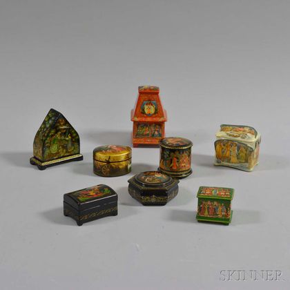 Eight Small Russian Lacquered Boxes