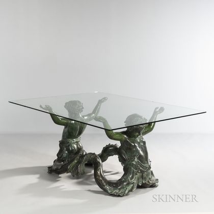 Bronze Putti de Mare and Glass Table