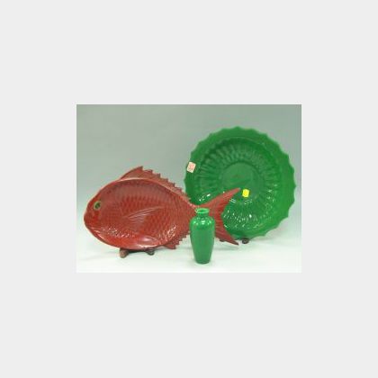 Green Peking Glass Bowl and Vase with a Red Lacquered Fish-form Tray. 