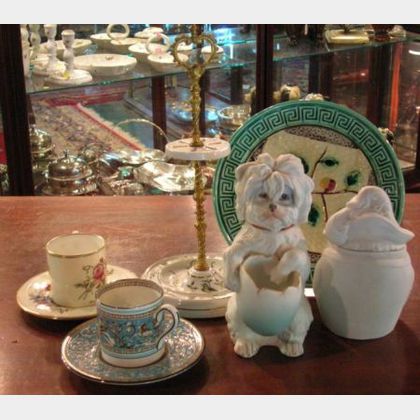 Bisque Figurals, a Majolica Dish, Two Wedgwood Demitasse Cups and Saucers, and a Gilt-metal Mounted Porcelain Knife Stand. 