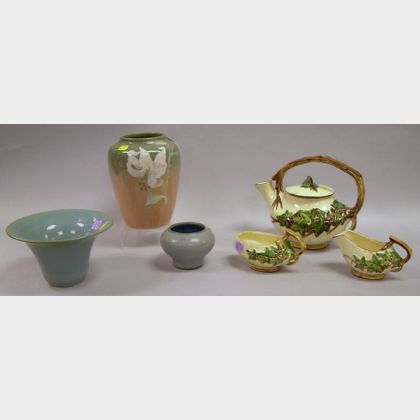 Two Pieces of Light Blue Glazed Marblehead Pottery, a Three-piece McCoy Pottery Tea Set, and an Art Pottery Flo... 