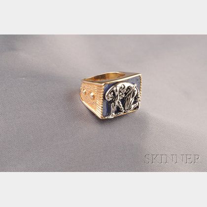 Artist Designed 14kt Gold, Silver, and Lapis "Samson and Delilah" Ring, Erte