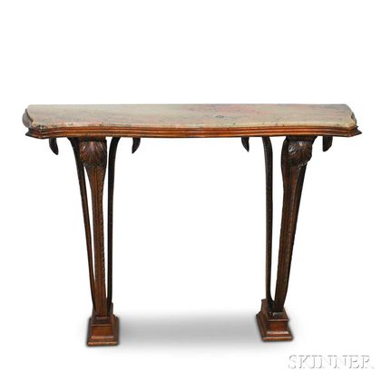 Hollywood Regency Carved Walnut Marble-top Console Table