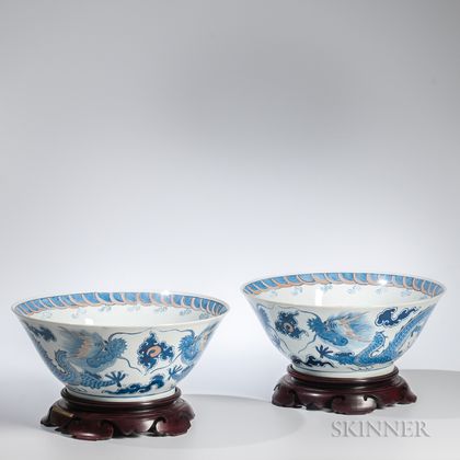 Pair of Large Enameled Blue "Dragon" Bowls