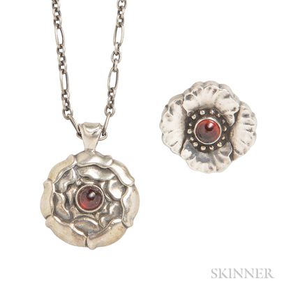 Sterling Silver and Garnet Pendant and Pin, Georg Jensen