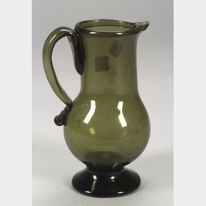 Olive Green Free-Blown Glass Pitcher