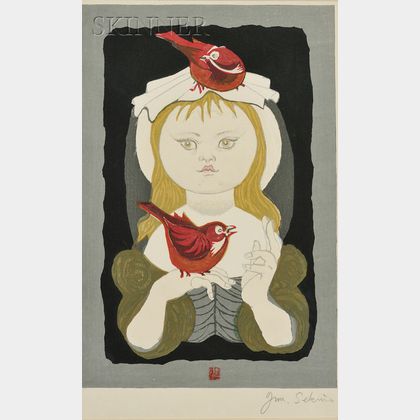 Junichiro Sekino (Japanese, 1914-1988) Girl with Birds.