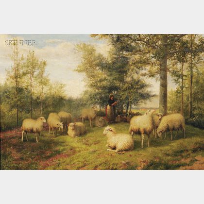 Jef Louis van Leemputten (Belgian, 1865-1948) Sheep and Shepherdess