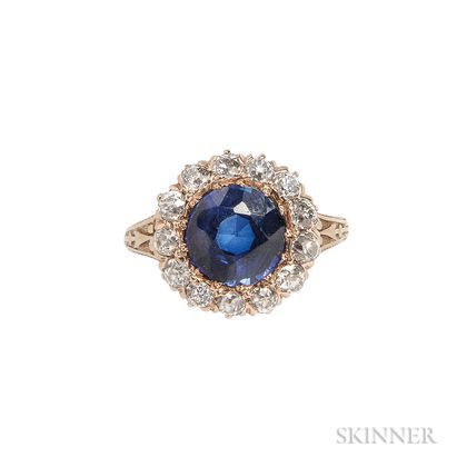 Antique Synthetic Sapphire and Diamond Ring