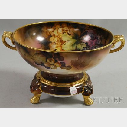 Noritake Gilt and Hand-painted Grapes-decorated Porcelain Punch Bowl on Stand