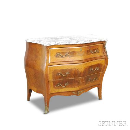 Louis XV-style Inlaid Walnut Marble-top Bombe Chest