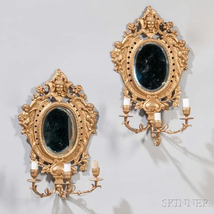 Pair of Gilt-bronze Three-light Mirrored Candle Sconces