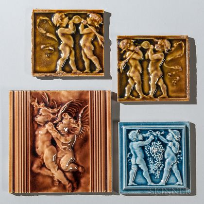 Four Low Art Tile Works Art Pottery Tiles of Putti and Cherubs 