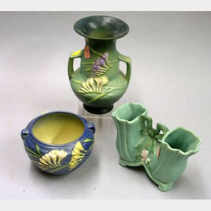 Roseville Pottery Freesia Vase and Pot and a Weller Pottery Double Vase. 