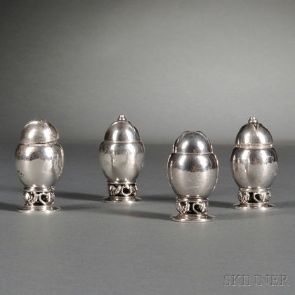 Two Pairs of Georg Jensen Sterling Silver Shakers and Five Pieces of Sterling Silver Flatware