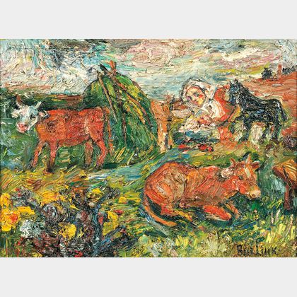 David Davidovich Burliuk (Ukrainian/American, 1882-1967) Landscape with Shepherdess and Cows