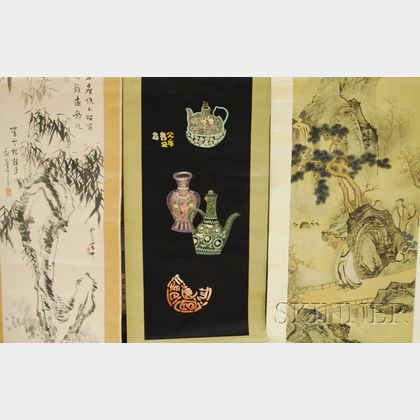 Two Indo-Persian Cloth Panels and Three Asian Scroll Paintings