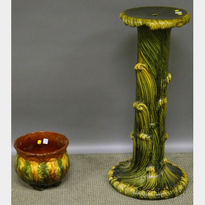 Majolica Glazed Art Pottery Pedestal, Jardiniere, and an Italian Faience Covered Centerpiece