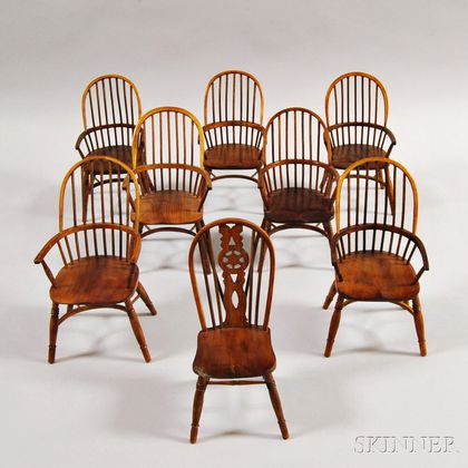 Eight Miniature Elm Windsor Chairs