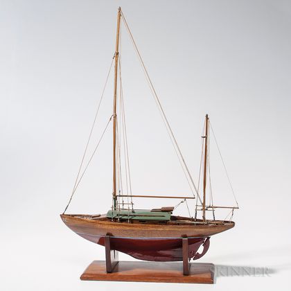 Small Painted Wooden Yacht Model on Stand
